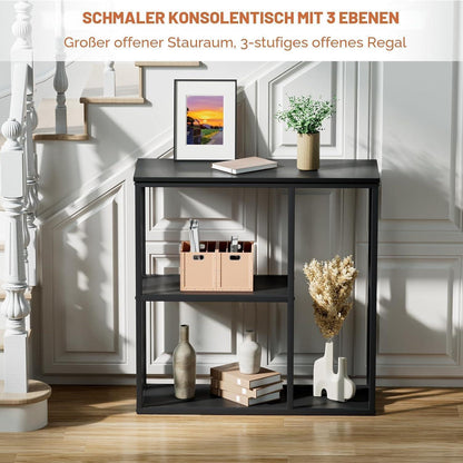 Schmaler Konsolentisch mit 3 Ebenen – Industrieller Sofatisch Schwarz