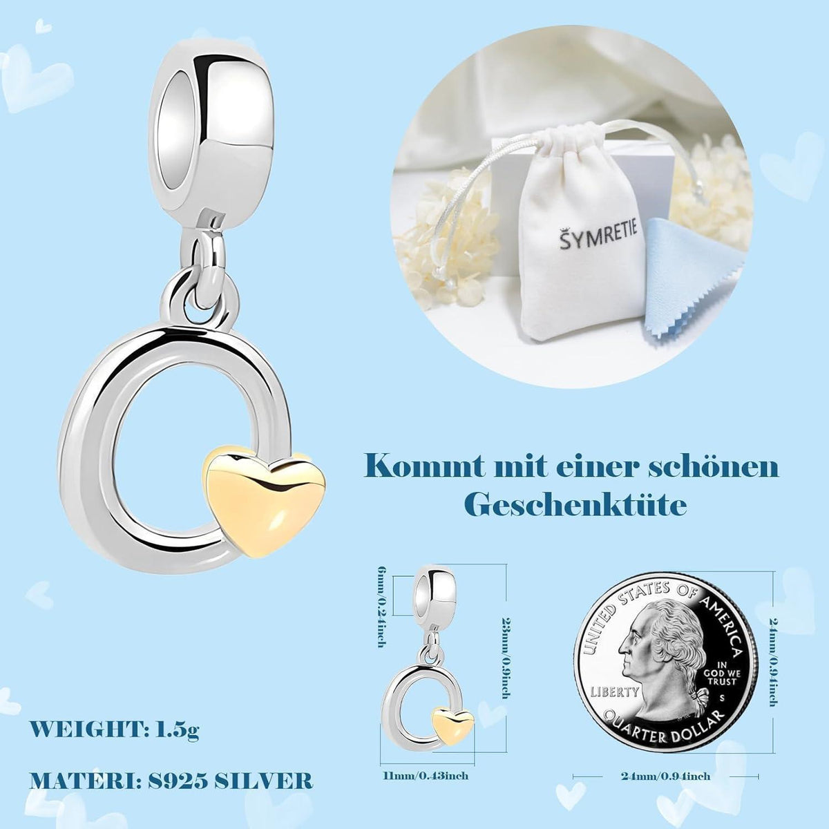 Buchstaben Charm Anhänger mit Gelbem Herz für Europäische Armbänder