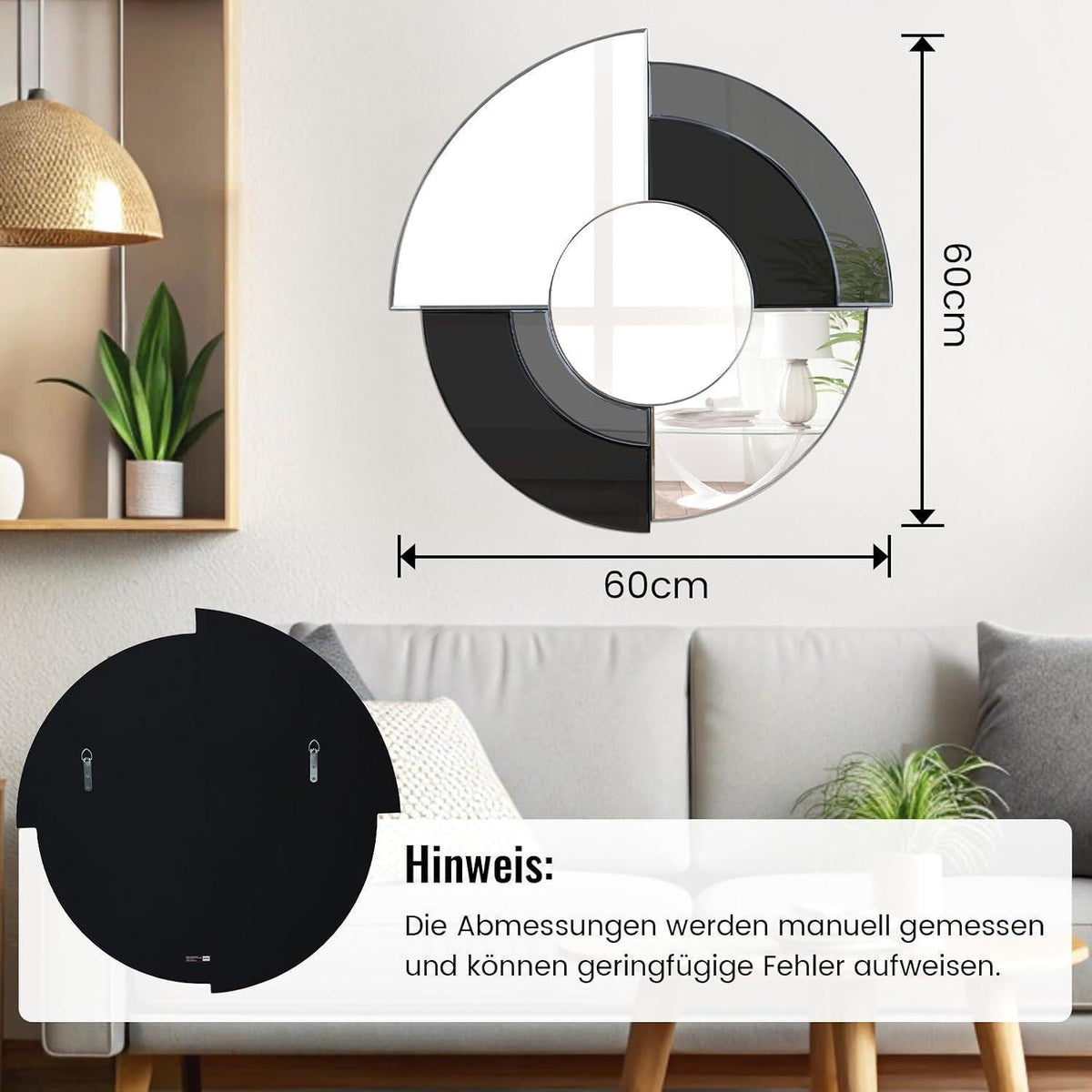 Asymmetrischer Wandspiegel 80cm Schwarz | Rahmenloser Spiegel für Wohnzimmer