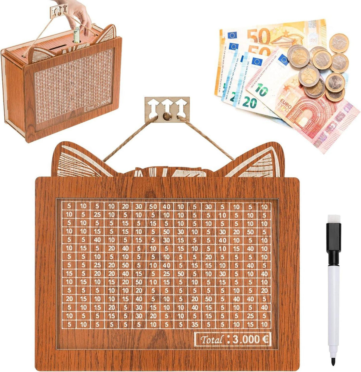 Spardose Holz Sparbox Zahlen Ankreuzen Sparziel Acrylplatte Kinder