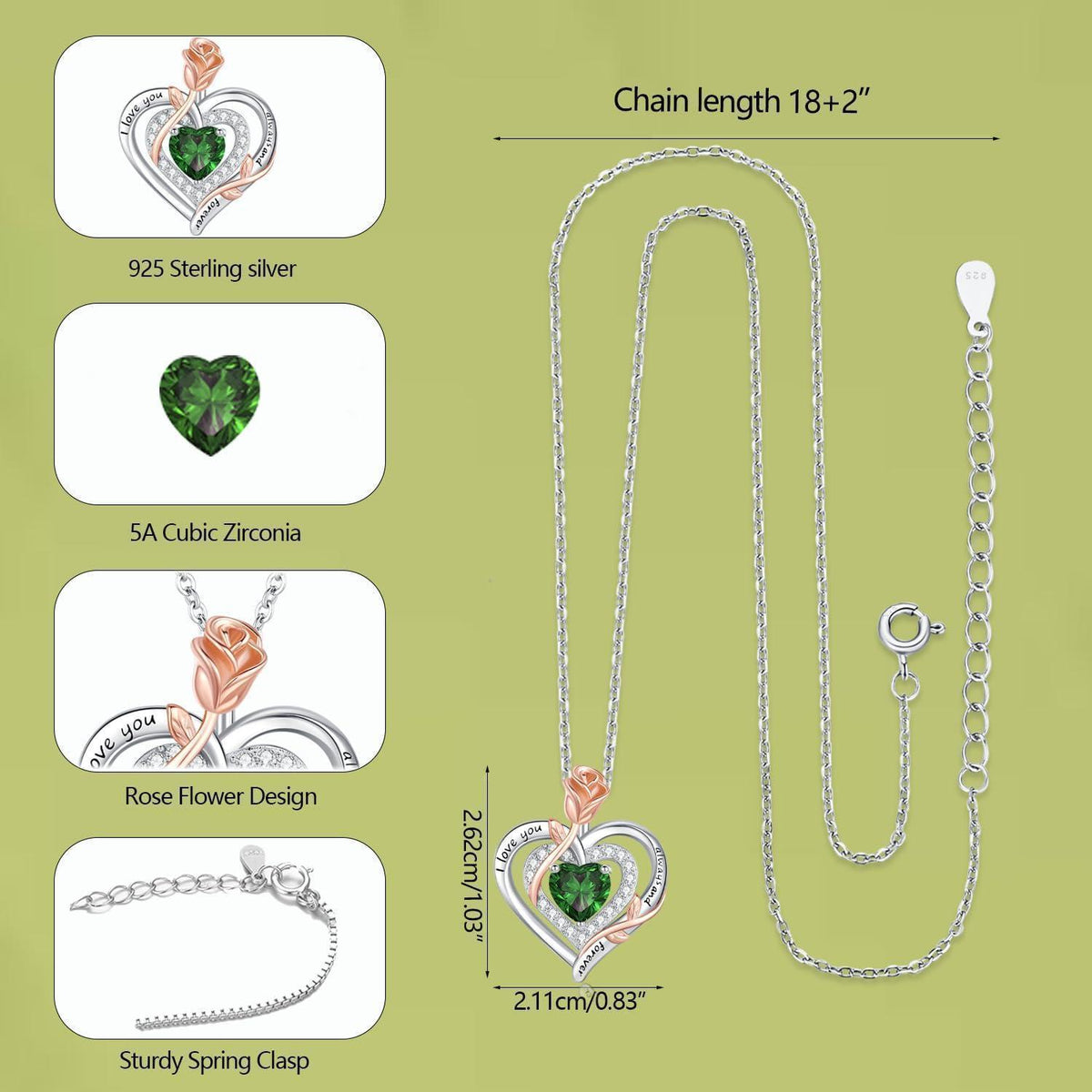 Silber Halskette Damen Herz Rose Geburtsstein Kette Geschenk