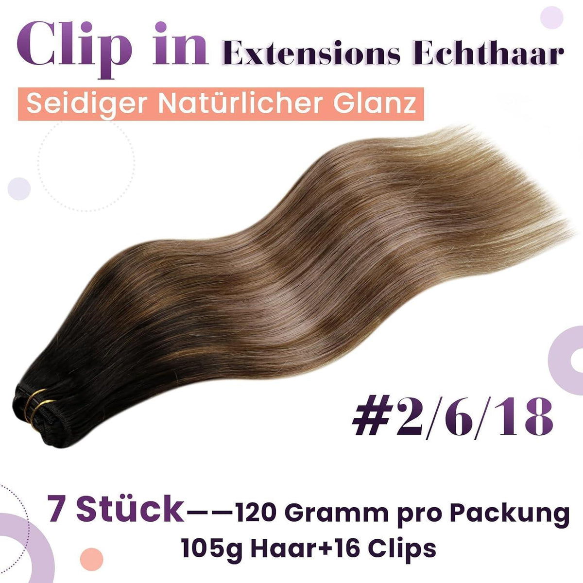 Echthaar Clip-in Extensions Balayage Ombre Mittelbraun Aschblond 45cm