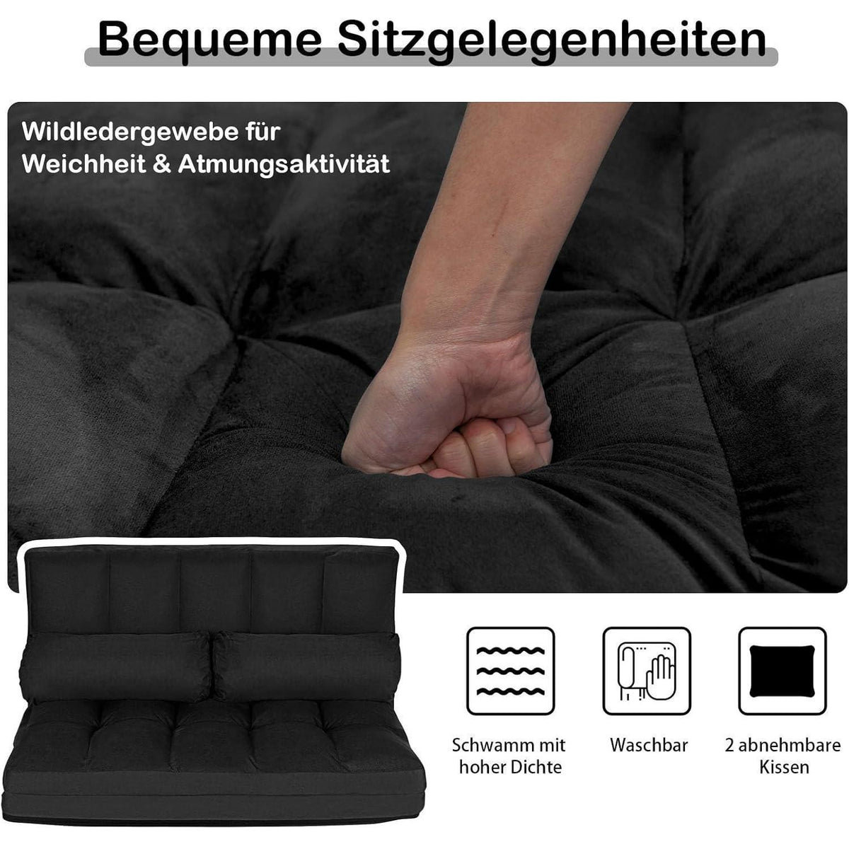 2-Sitzer Bodensofa mit Schlaffunktion – Verstellbares Liege Sofa Schwarz