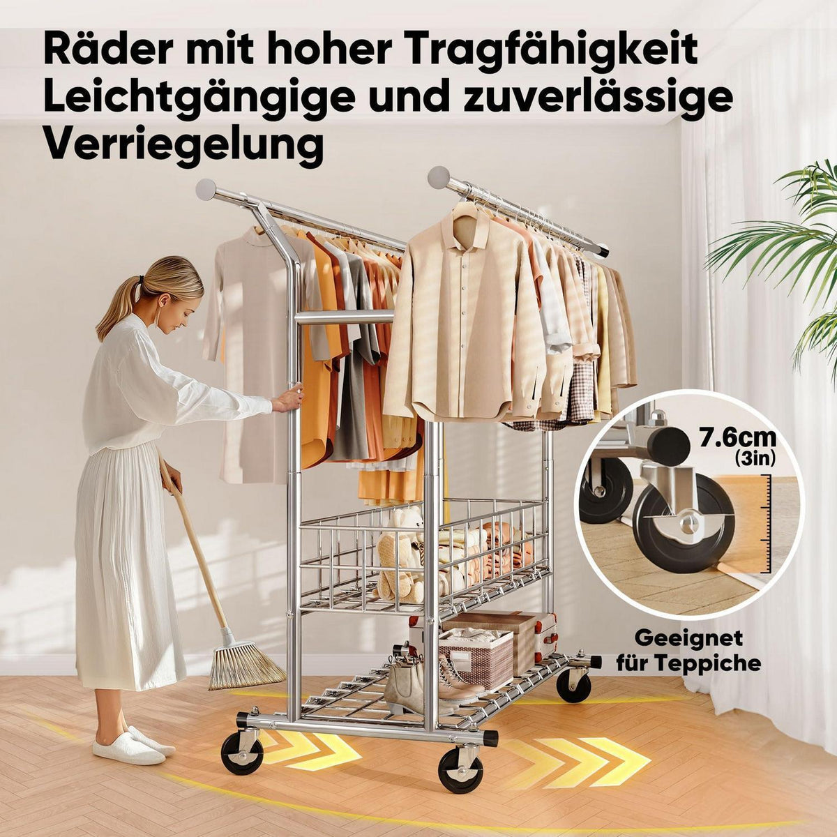 Kleiderständer Schwerlast mit Rollen und Ablage