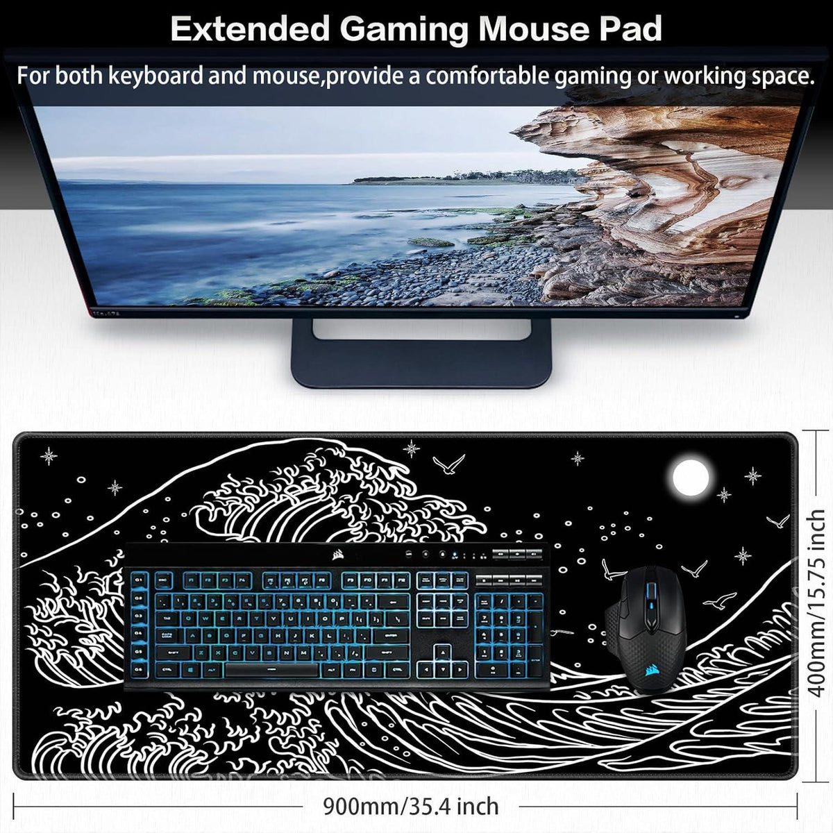 XXL Gaming Mauspad 900x400mm Schwarz Japanische Meereswelle
