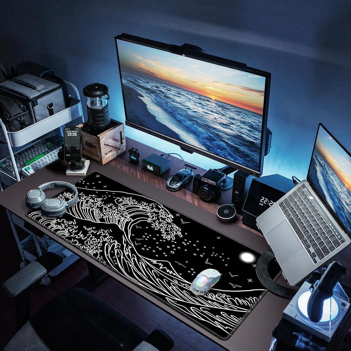 Abetcabe Gaming Mauspad XXL 900x400mm Schwarz Japanische Meereswelle vernähte