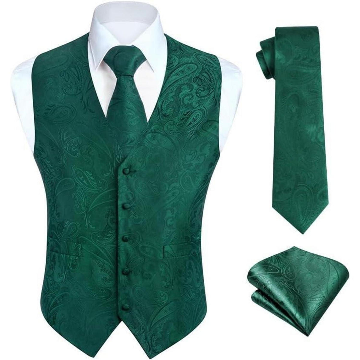 Herren Weste Krawatte Einstecktuch Set Jacquard Grün 3XL