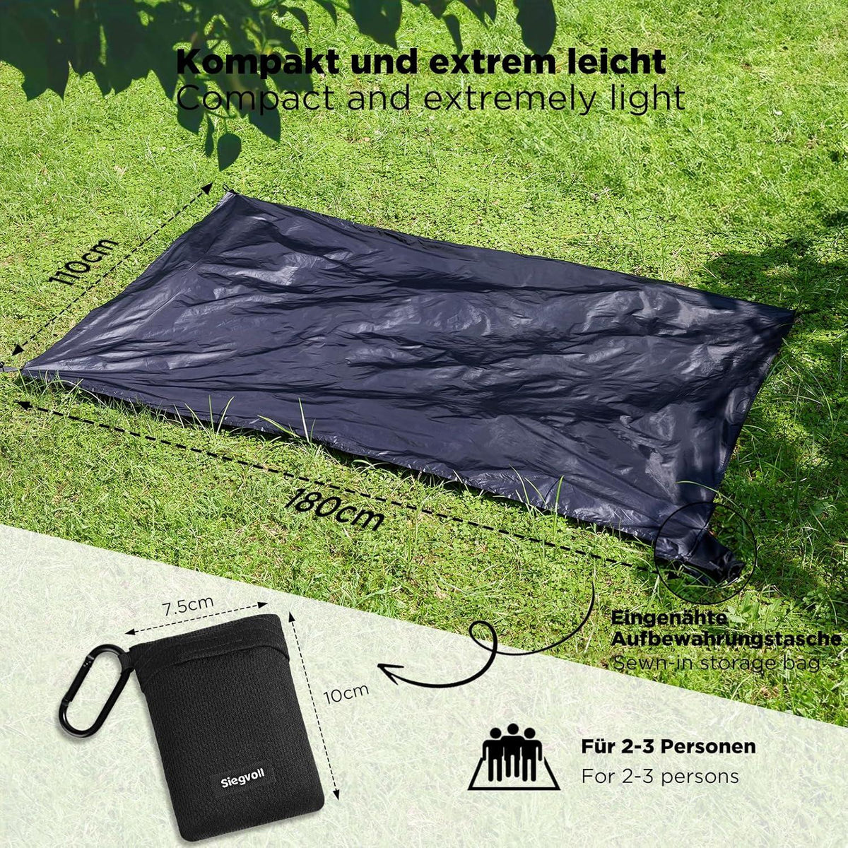 Siegvoll Ultraleichte Picknickdecke 110x180cm mit Karabiner