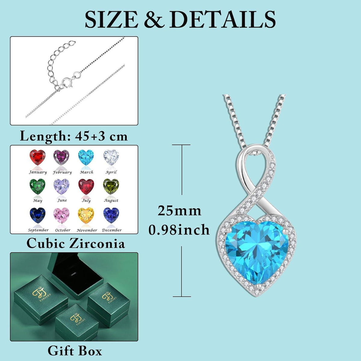 Unendlichkeit Kette Damen 925 Sterling Silber Herz Aquamarin Halskette