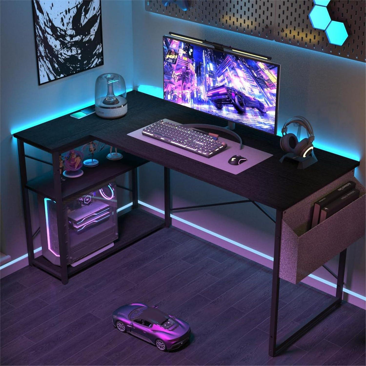 L-förmiger Gaming Schreibtisch 100x70 cm Schwarz Ablagefächer