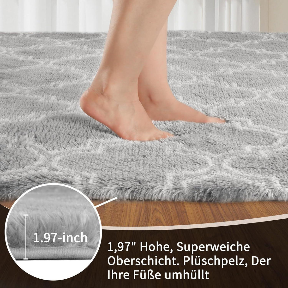 Hochflor Teppich Grau 240x300 – Flauschiger Wohnzimmerteppich Waschbar