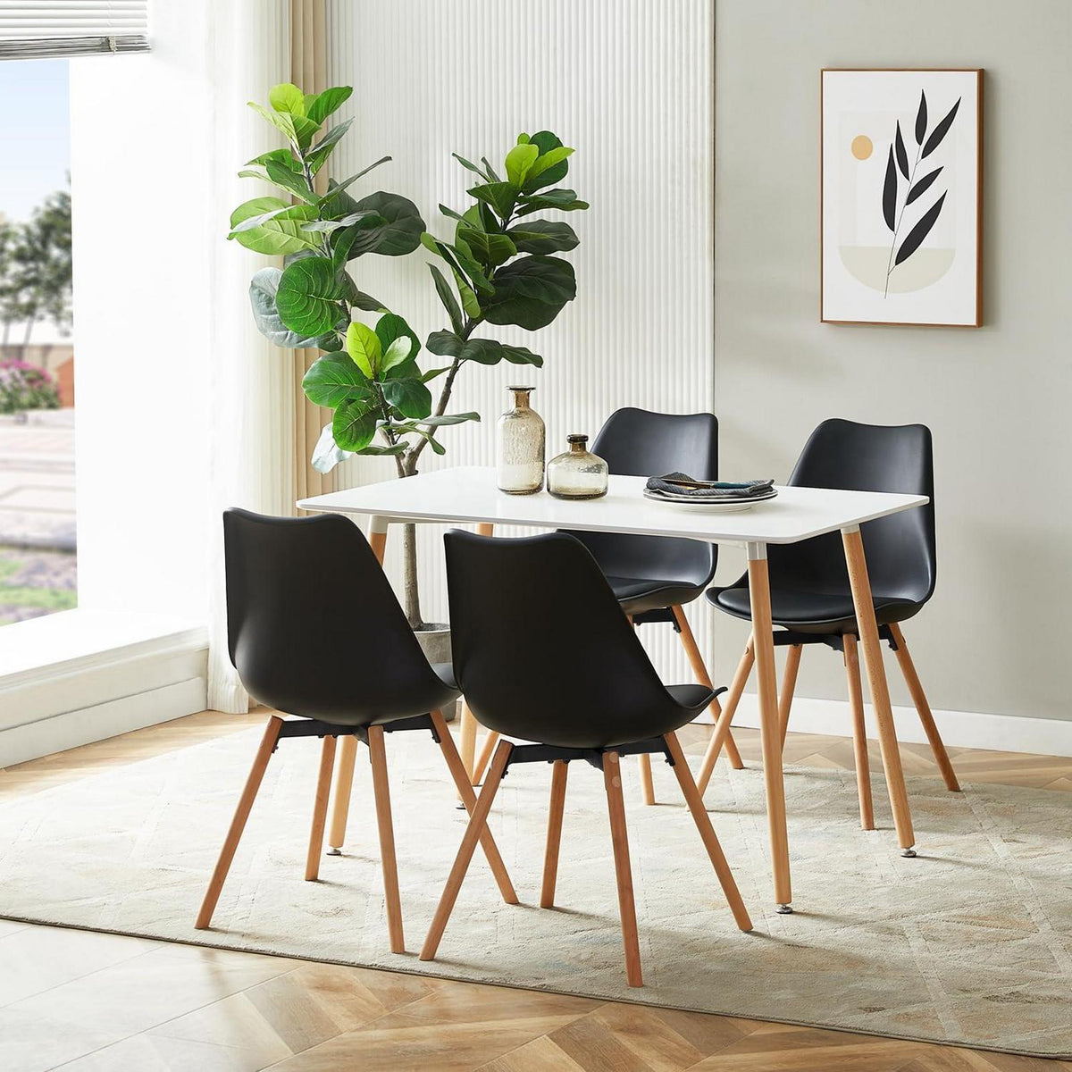 Esszimmergruppe Weißer Tisch + 4 Schwarz Stühle – Modernes Küchentisch-Set
