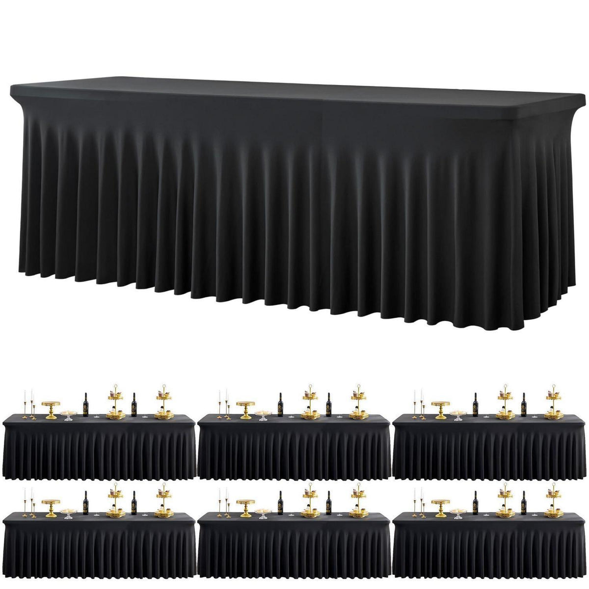 6x Stretch Tischdecke Schwarz Rechteckig 243x76 cm