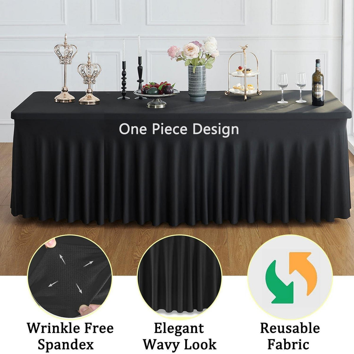 6x Stretch Tischdecke Schwarz Rechteckig 243x76 cm