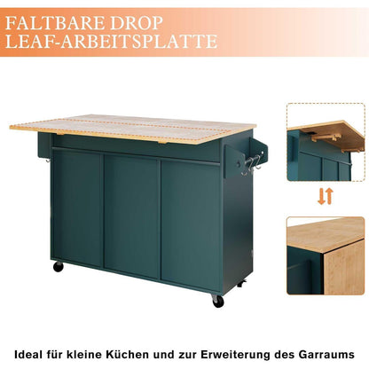 Rollende Kücheninsel mit abklappbarer Arbeitsplatte & Stauraum (Grün)