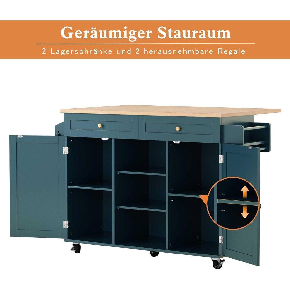 Rollende Kücheninsel mit abklappbarer Arbeitsplatte & Stauraum (Grün)