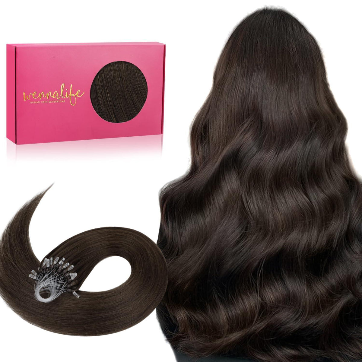 Remy Echthaar Microring Extensions Dunkelbraun 55cm