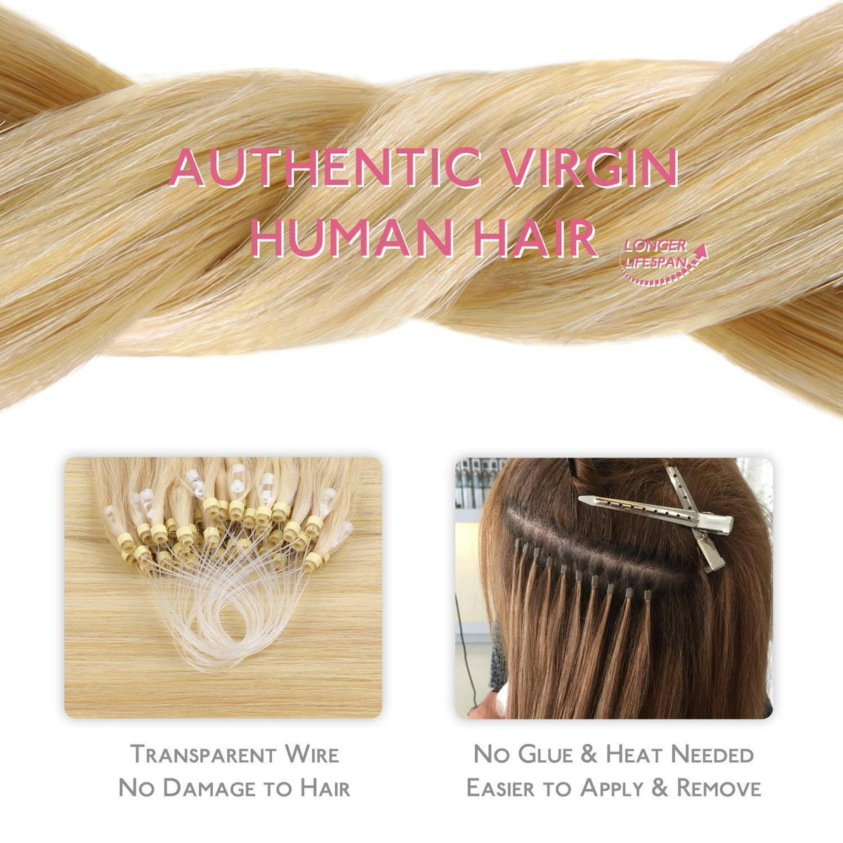 Echthaar Microring Extensions Hellblond Highlights 50cm