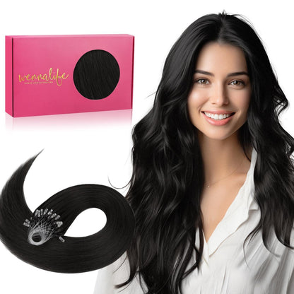 Echthaar Microring Extensions Schwarz 60cm