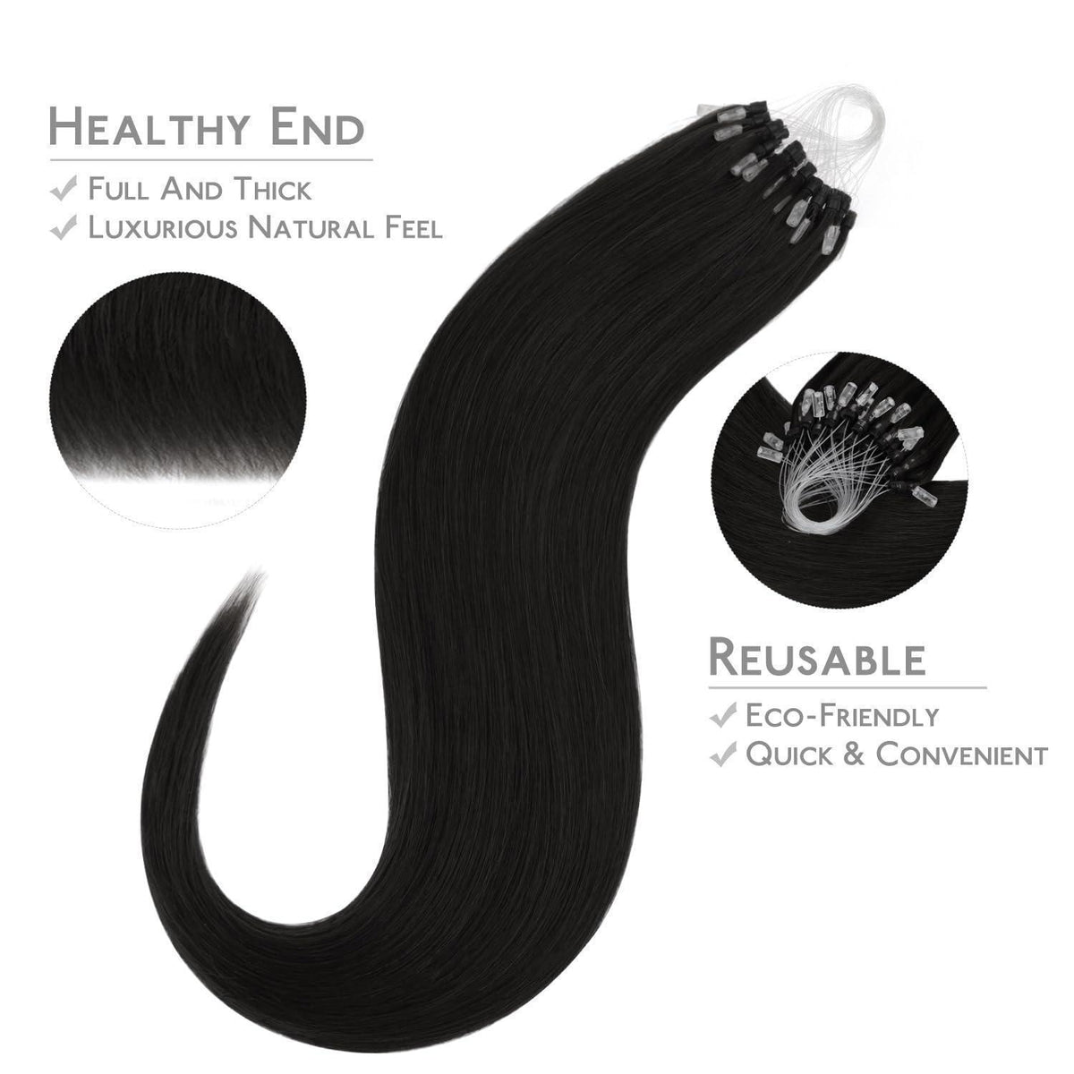 Echthaar Microring Extensions Schwarz 50g – Remy Haarverlängerung