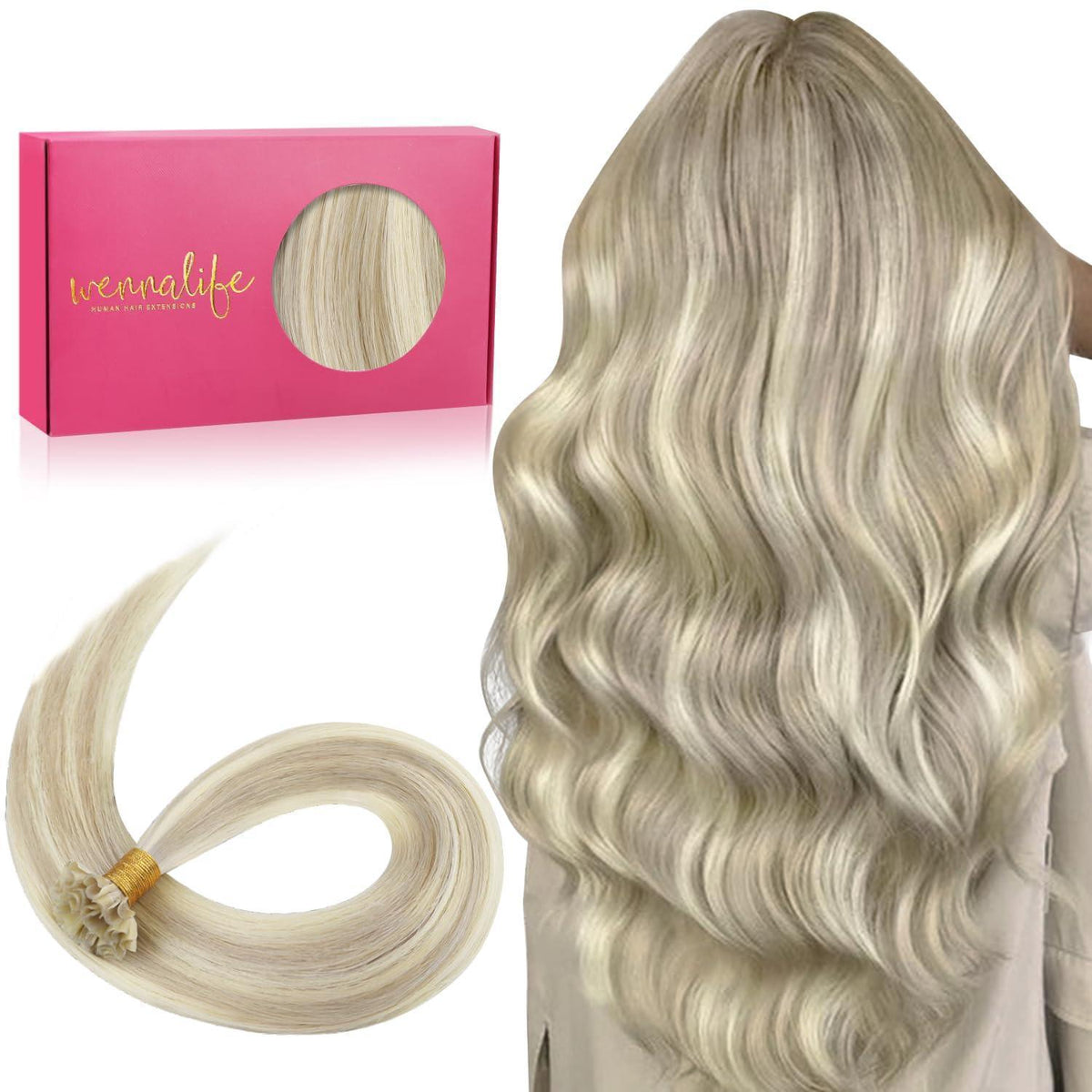 Echthaar Extensions Bonding Aschblond Highlights Platinblond 40cm
