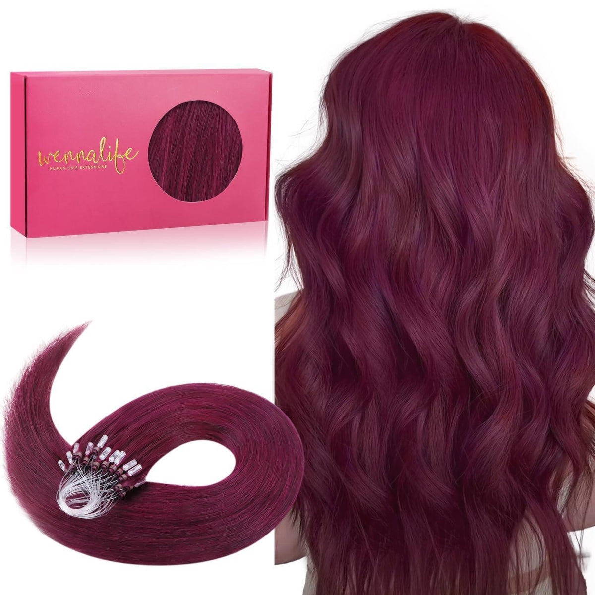 Echthaar Microring Extensions – Hellburgund 45cm
