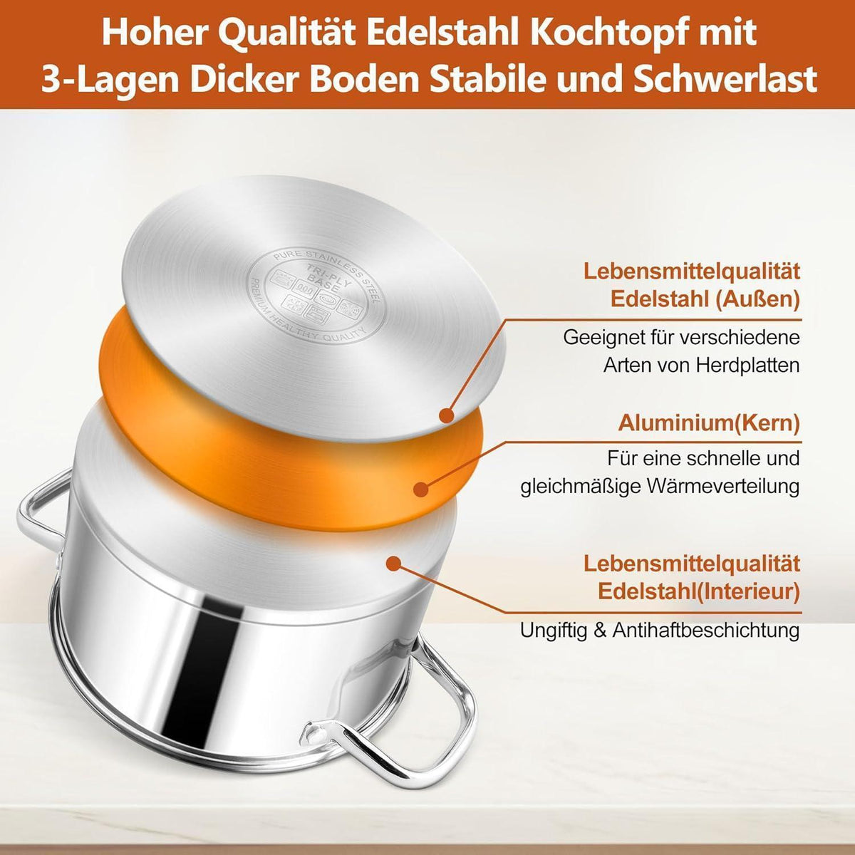 Großer Edelstahl Kochtopf 7,6L mit Glasdeckel, Induktion