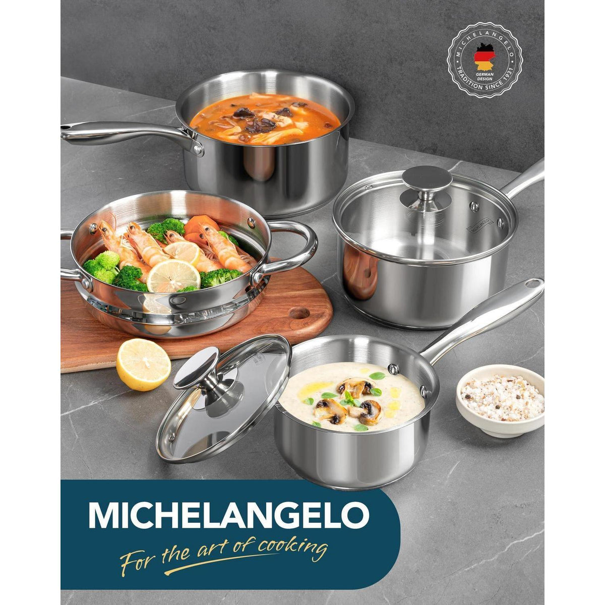 7-teiliges Edelstahl Kochtopf-Set mit Dampfgarer