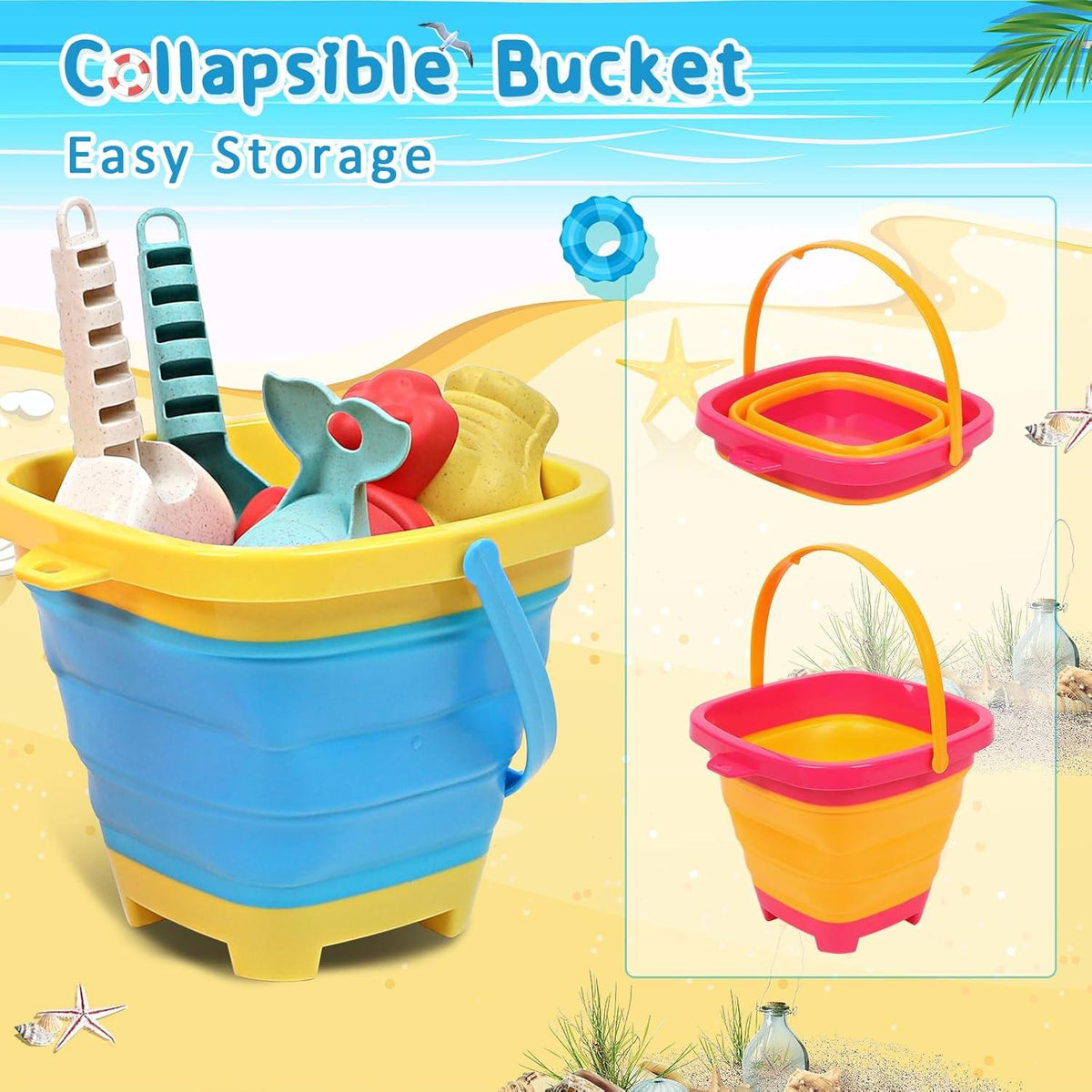 Sandspielzeug Set für Kinder 8-teilig mit Faltbar Strand Eimern und Sandformen