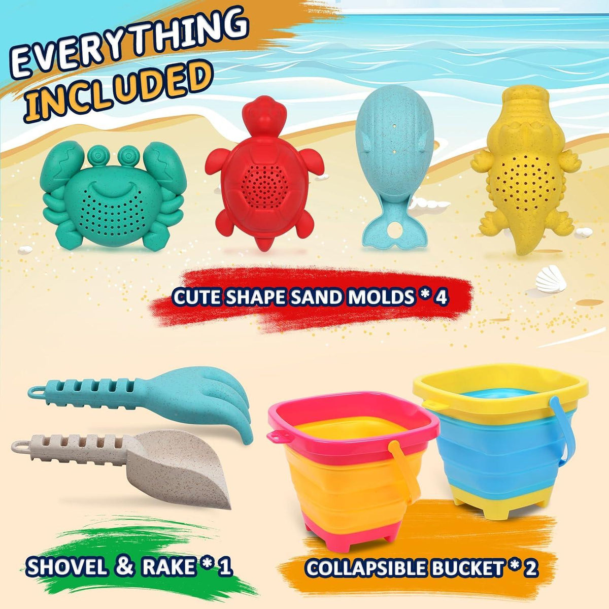 Sandspielzeug Set 8-teilig mit zusammenklappbaren Strand Eimern