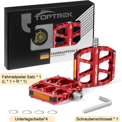 Fahrradpedale mit StVZO Reflektoren, CNC Aluminium, rutschfest, 3 Lager, Rot