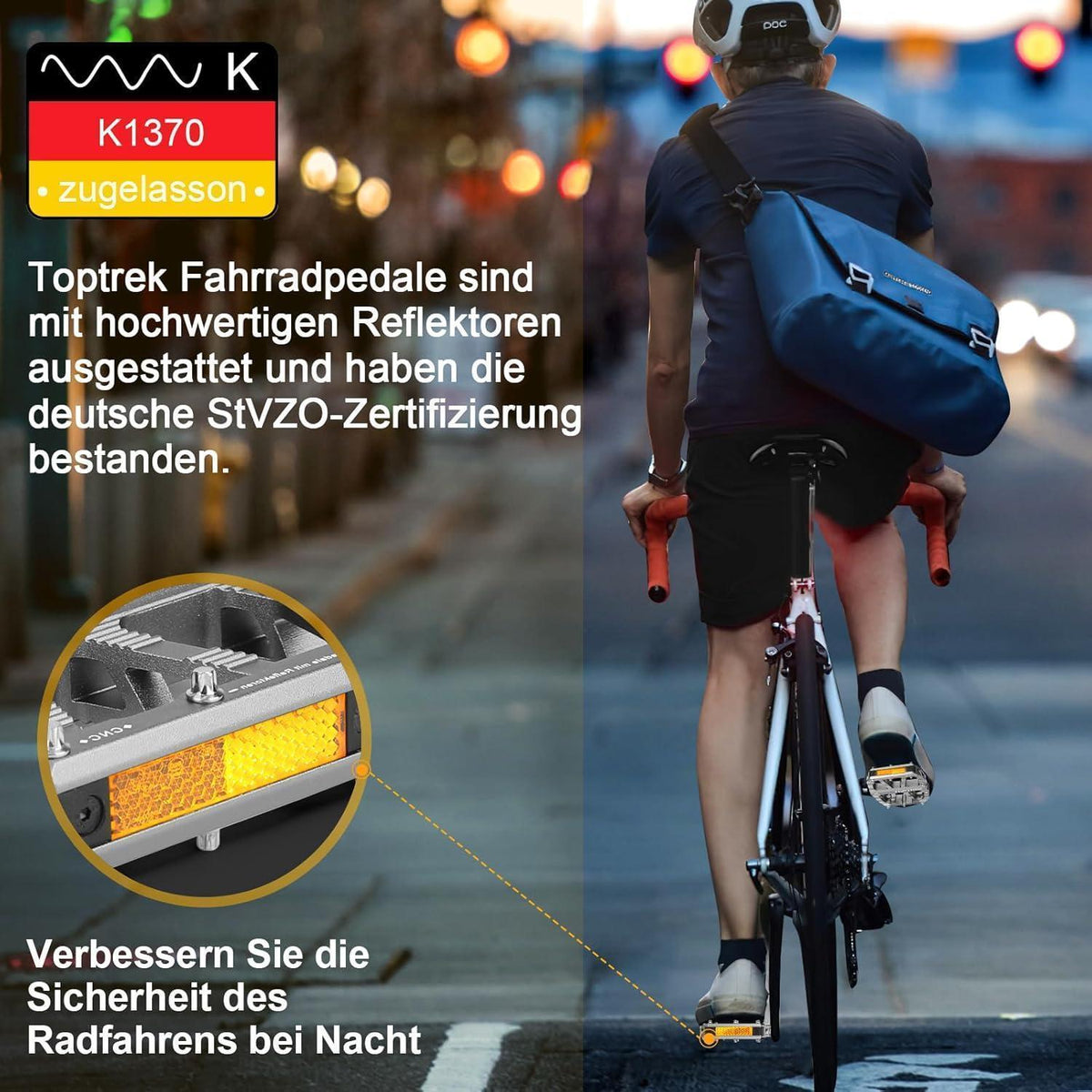 Fahrradpedale mit StVZO Reflektoren, CNC Aluminium, 3 Lager, Silber