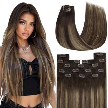 Clip-in Echthaar Extensions Ombre Braun 50cm