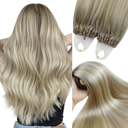 Echthaar Microring Extensions Ombre Aschblond Platinblond 60cm