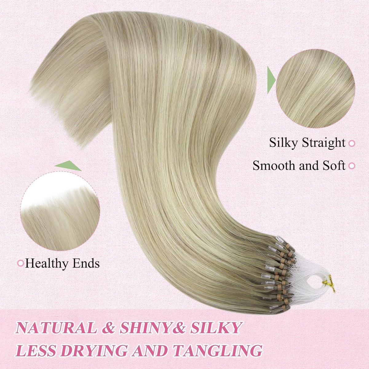Echthaar Microring Extensions Ombre Aschblond Platinblond 60cm