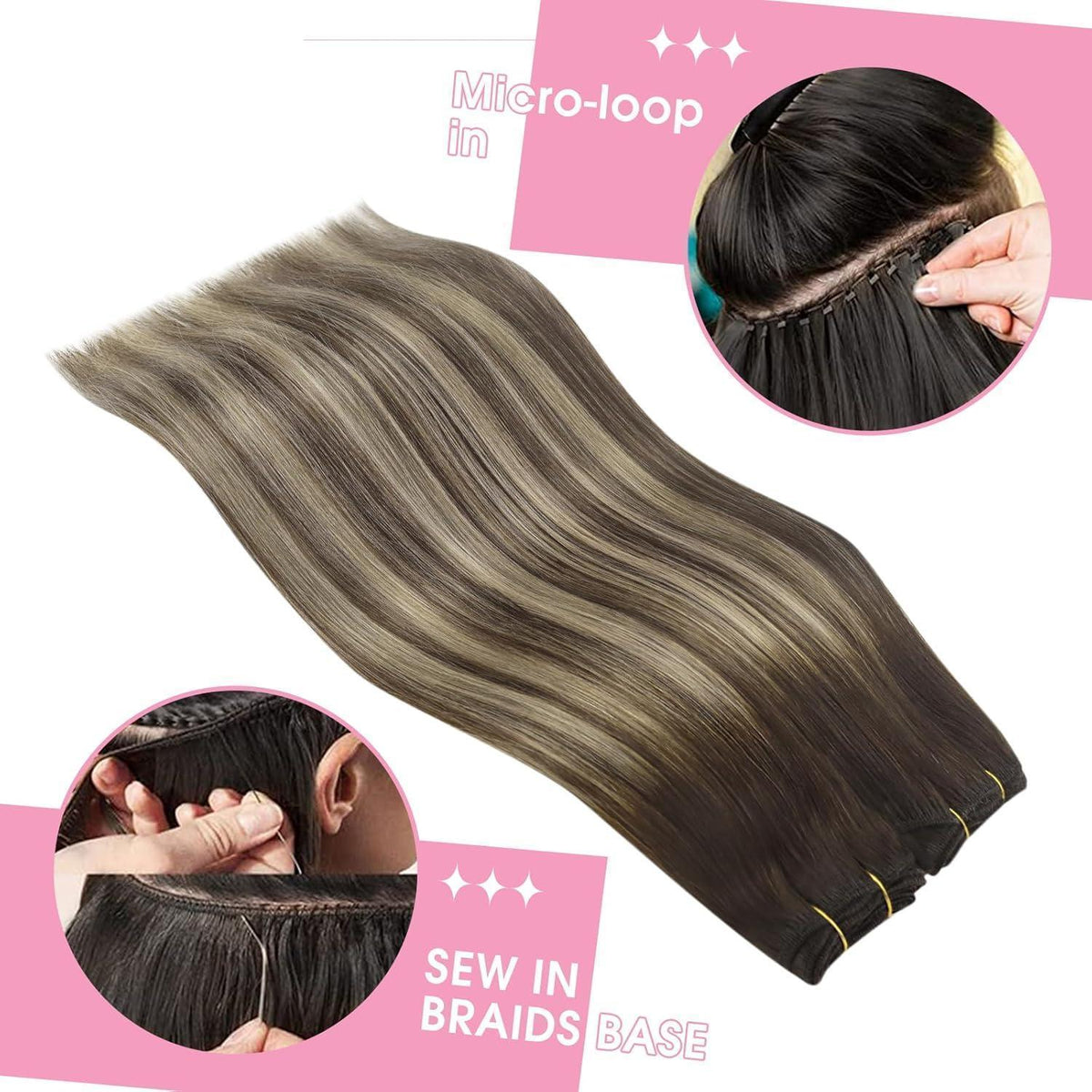 Echthaar Tressen Ombre Braun Aschblond 55cm - 100g Weft