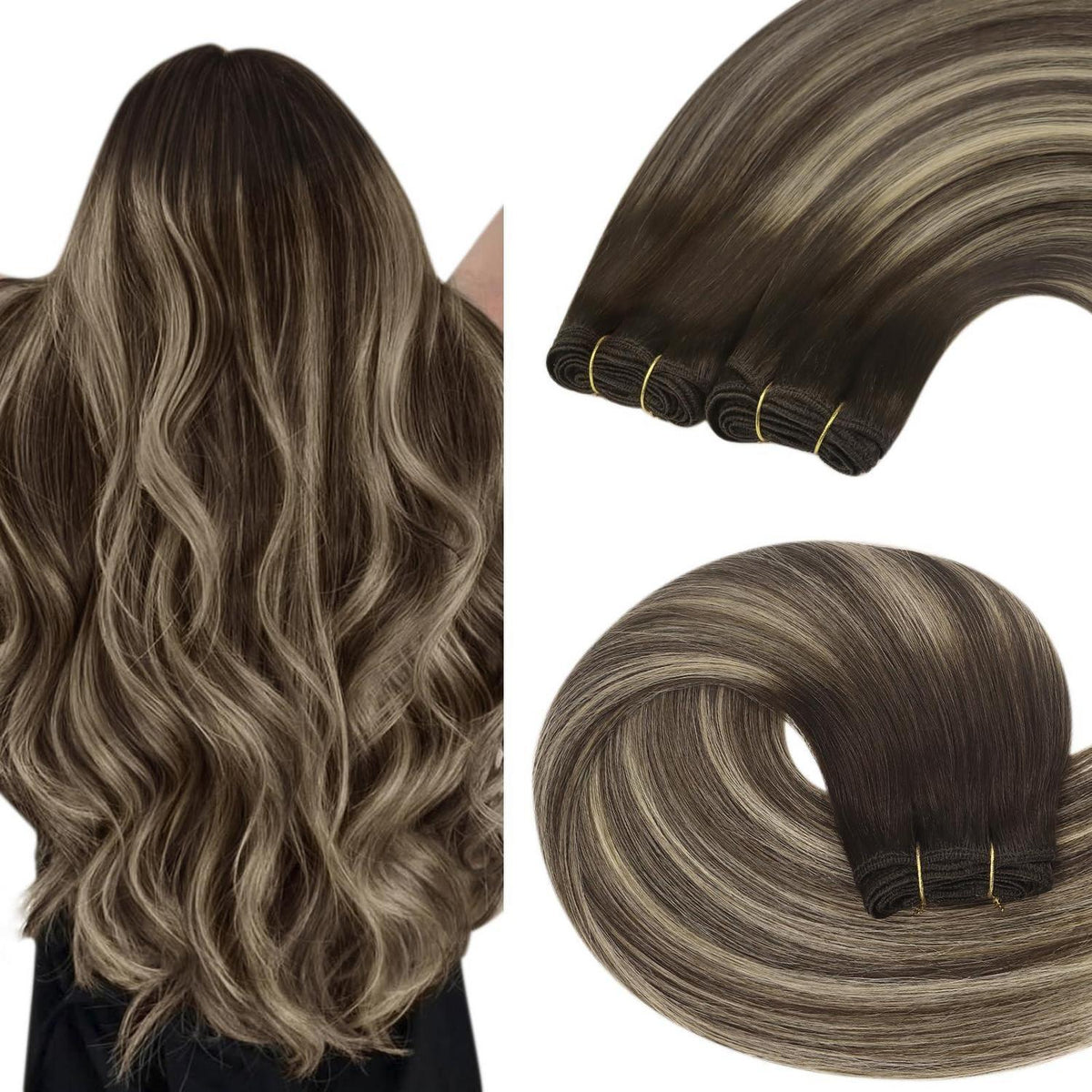 Echthaar Tressen Ombre Braun Aschblond 45cm Weft Extensions
