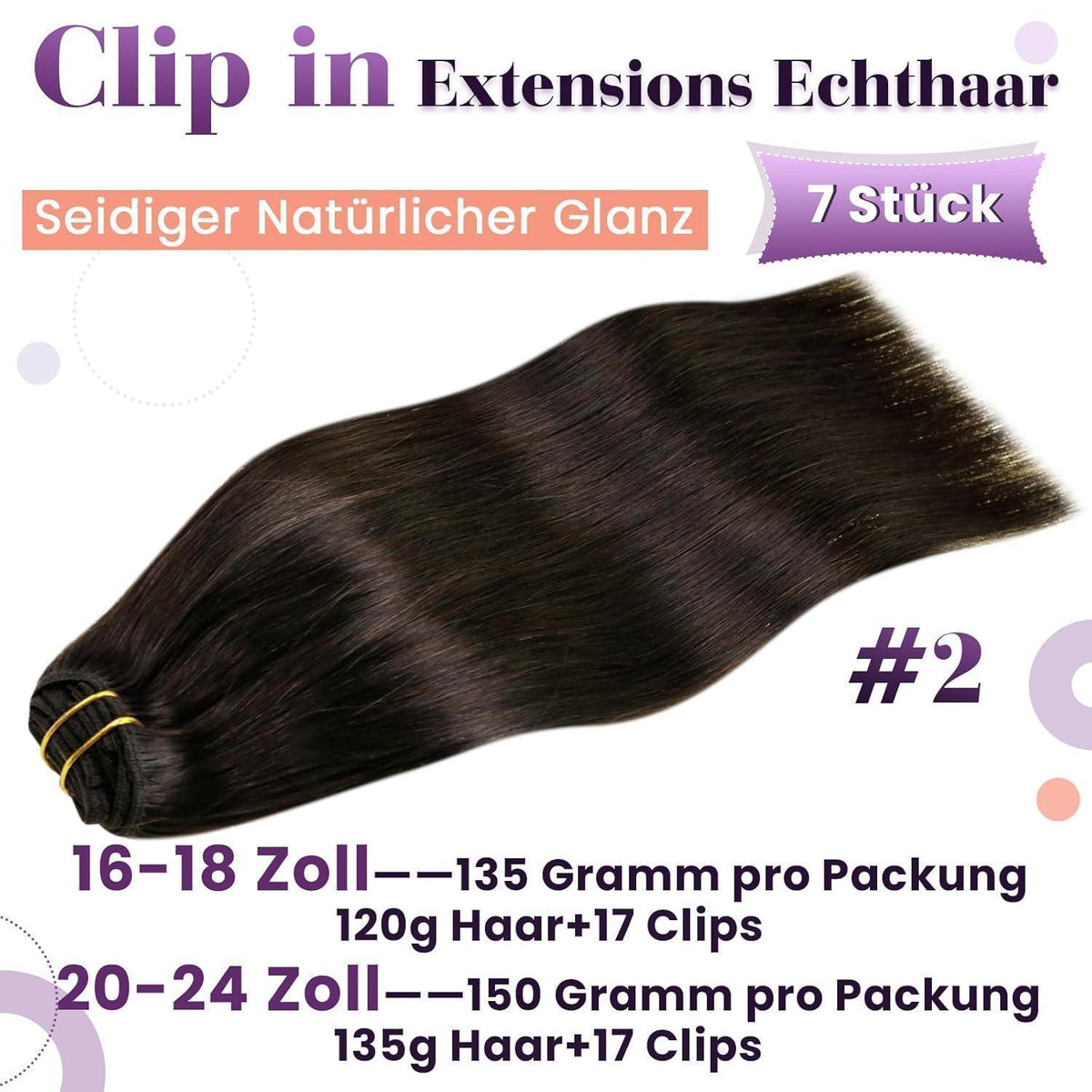 Dunkelbraune Echthaar Clip Extensions - 45cm, 7-tlg.