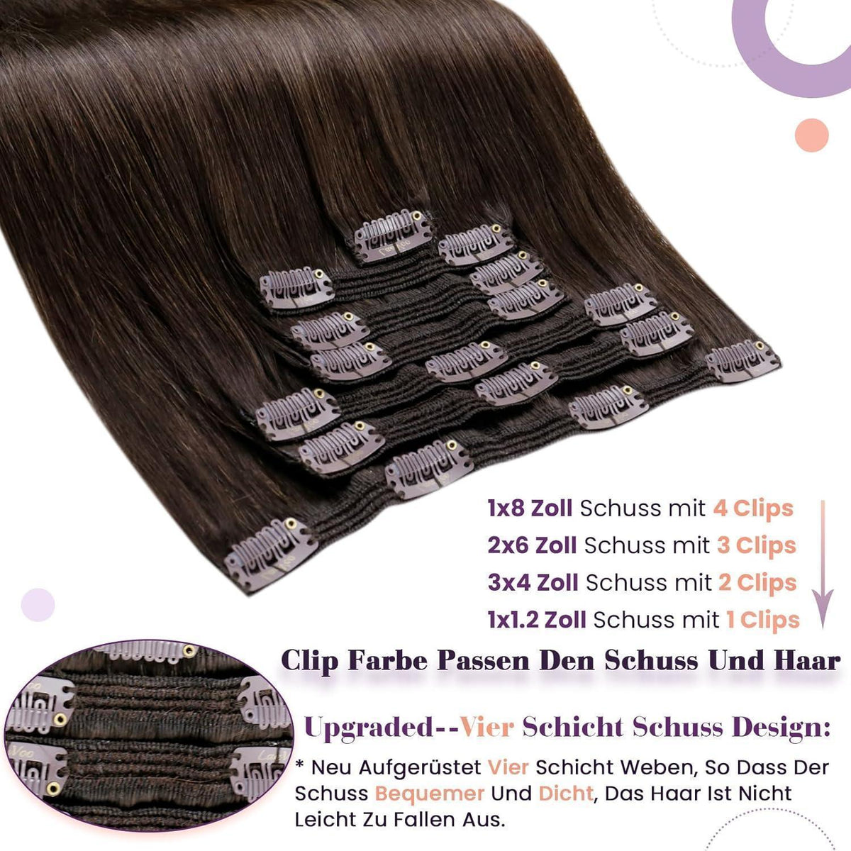 Clip-in Echthaar Extensions Dunkelbraun 55cm