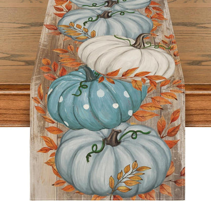 Herbst Tischläufer Blau Kürbisse Blätter Dekoration 40x180 cm