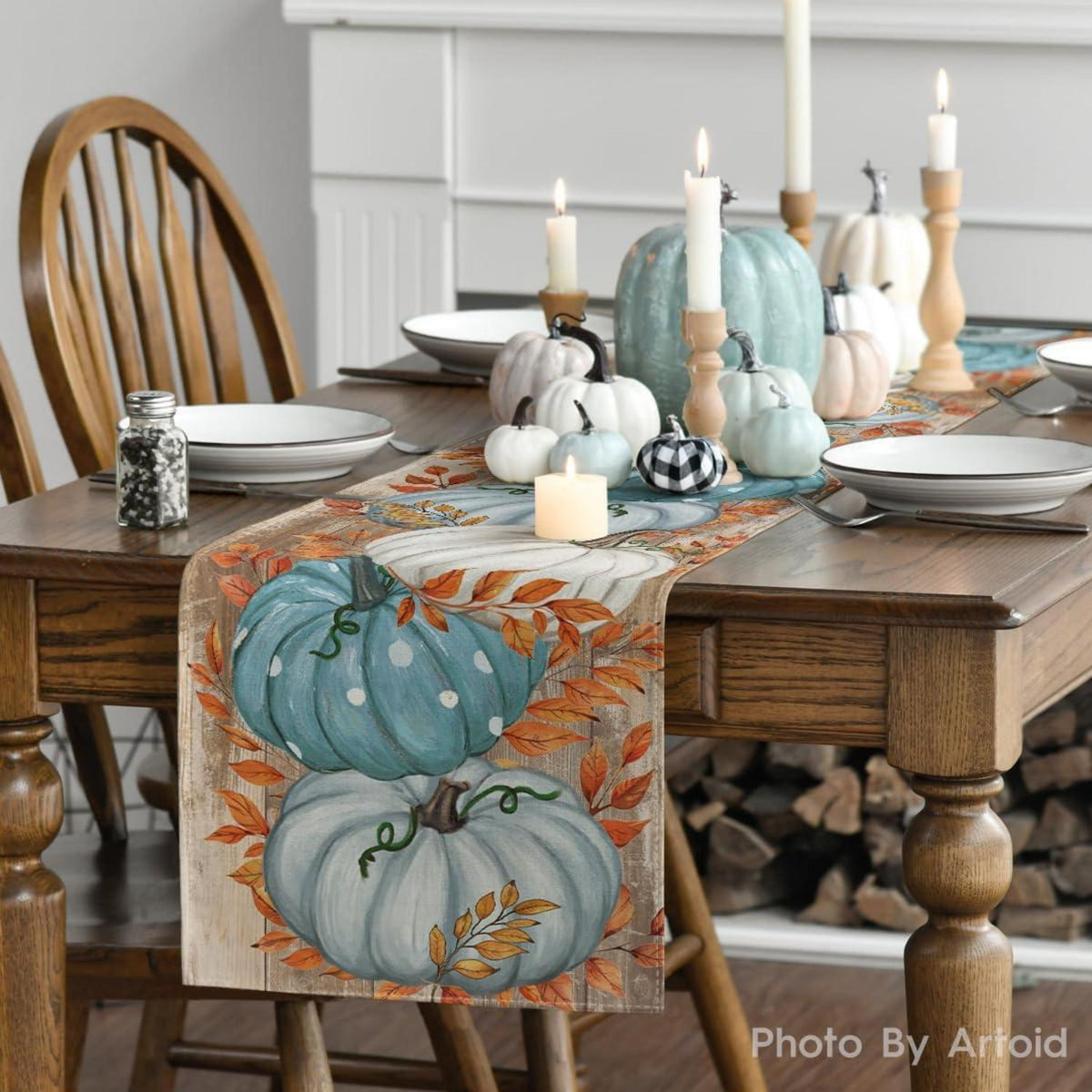 Herbst Tischläufer Blau Kürbisse Blätter Dekoration 40x180 cm