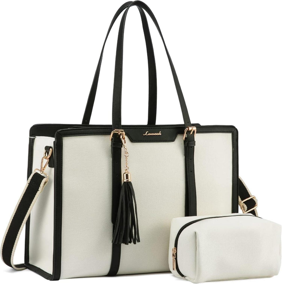 Laptop Handtasche Damen 15,6 Zoll Canvas Schultertasche Schwarz