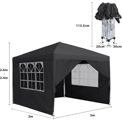 3x3m Faltpavillon wasserdicht mit 4 Seitenteilen & Fenstern