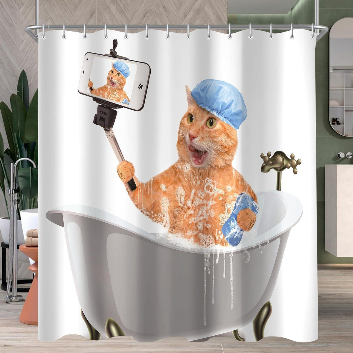 Duschvorhang Katze Selfies 180x200cm, wasserabweisend & waschbar