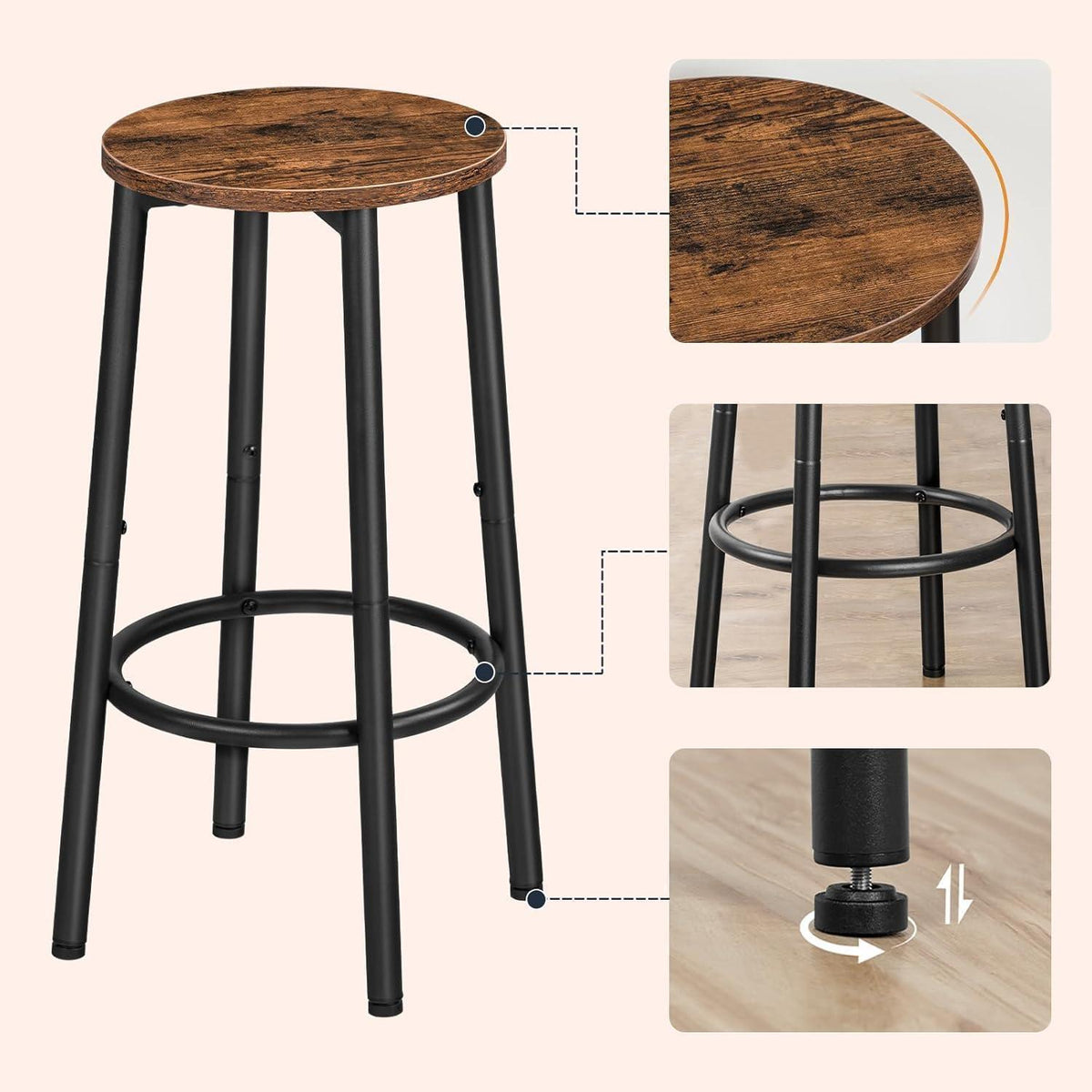 HOOBRO Barhocker 4er Set, Rustikales Braun & Schwarz