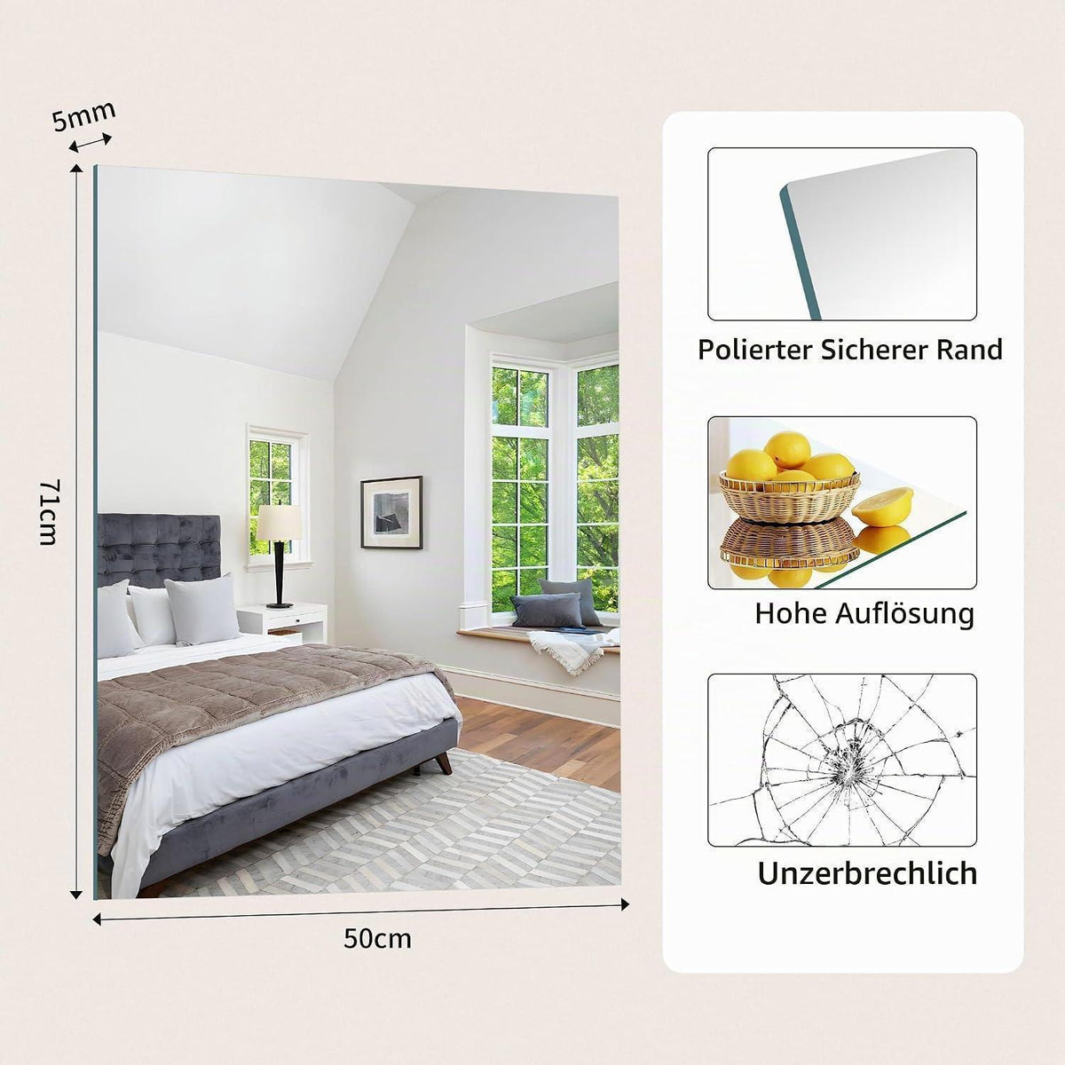 Rahmenloser Wandspiegel 70x50 cm – Modern & Sicherheitsglas