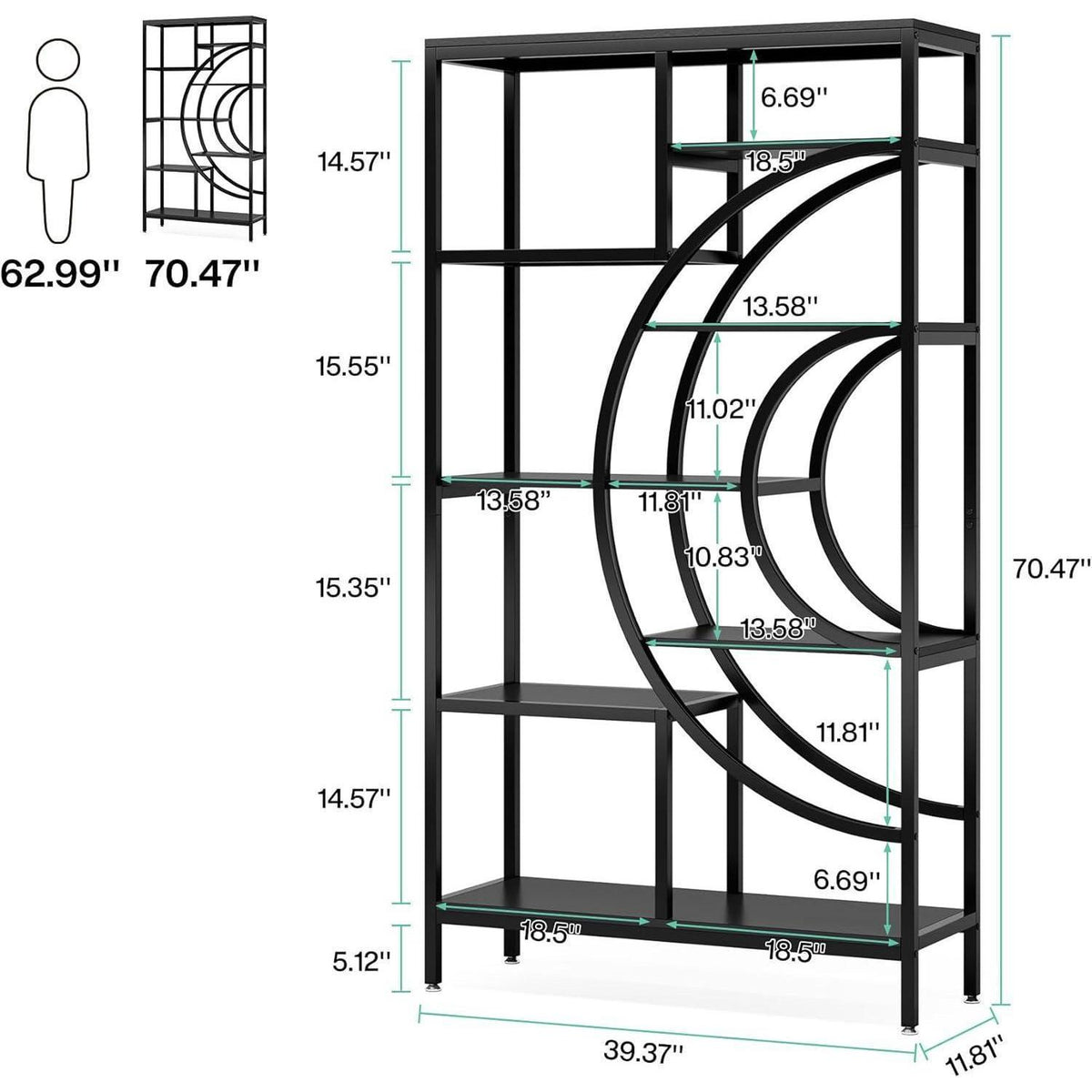 Industrielles Bücherregal 179cm – Geometrisches Regal mit Metallrahmen