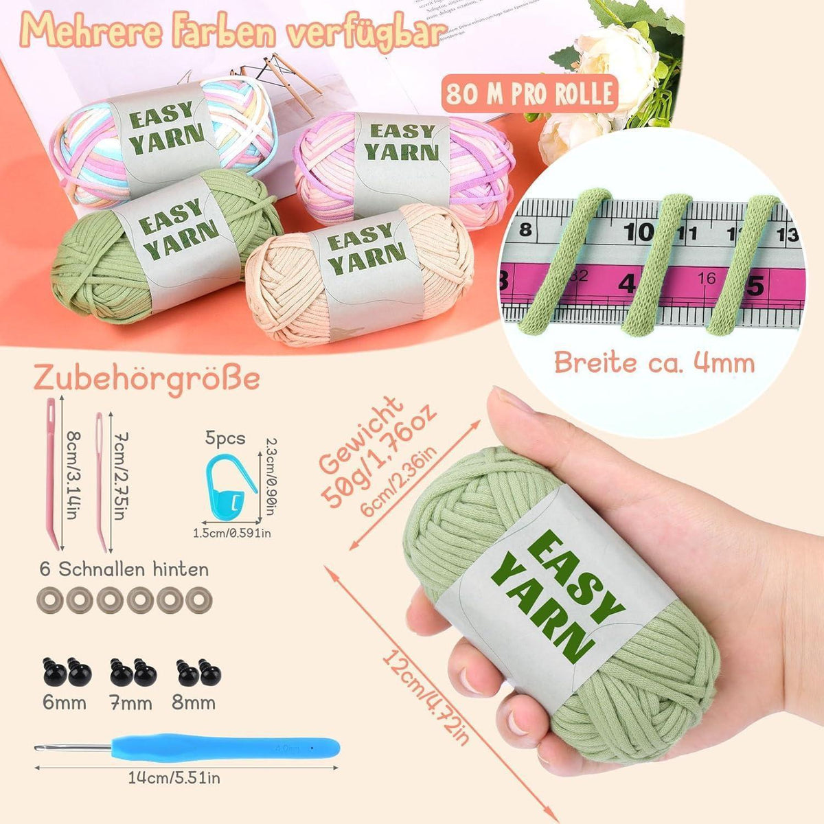 4x 50g Häkelwolle - Dicke Baumwolle, Beige + Grün + Rosa + Lila
