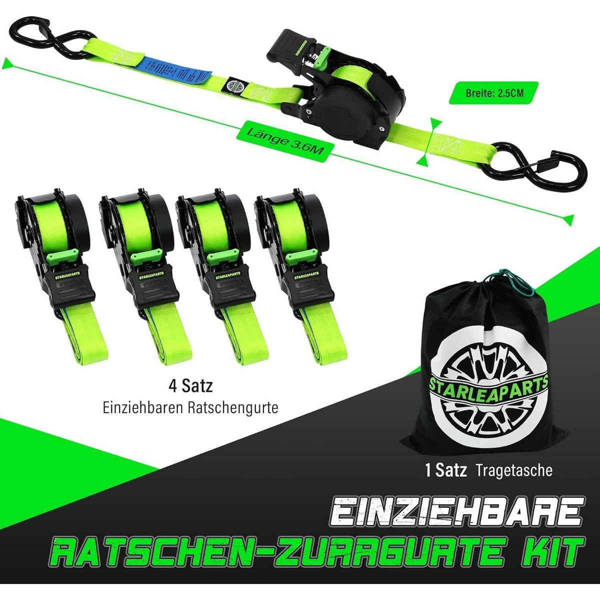 Automatischer Spanngurt-Set (4er) – 3,6m, 340KG, Grün