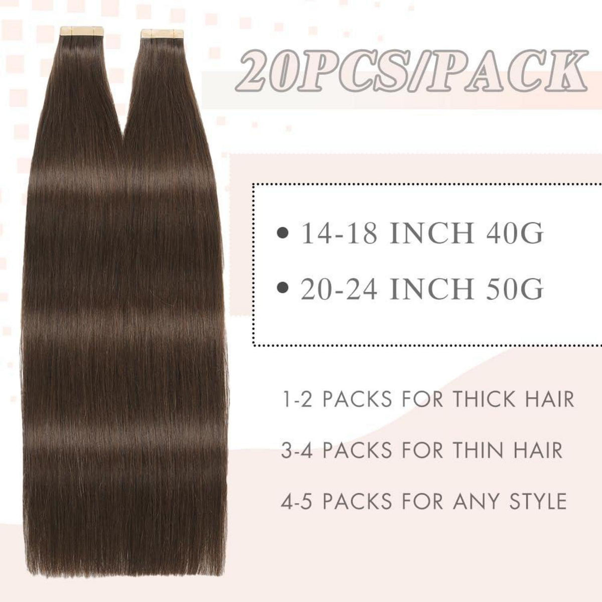 Echthaar Tape Extensions Dunkelbraun 60cm (24 Zoll)